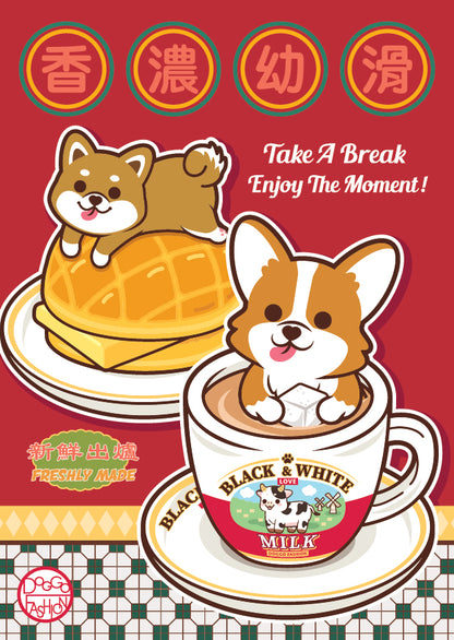 Doggo Postcard-Hong Kong Tea Time 汪汪明信片-菠蘿油奶茶